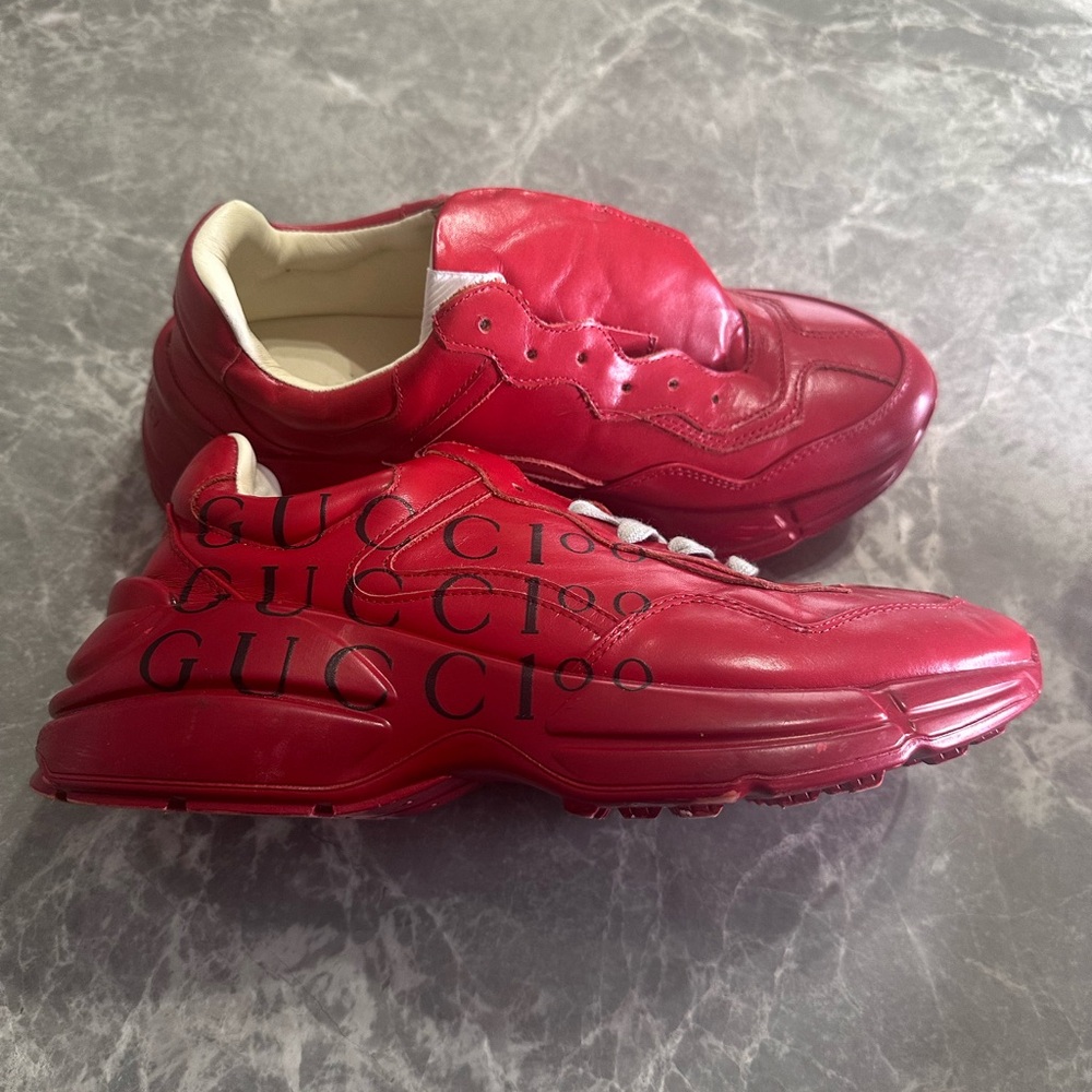 Gucci Rhyton Size 8.5-9 Red Leather 100th Anniversary Red Lace Up Sneakers $1400
